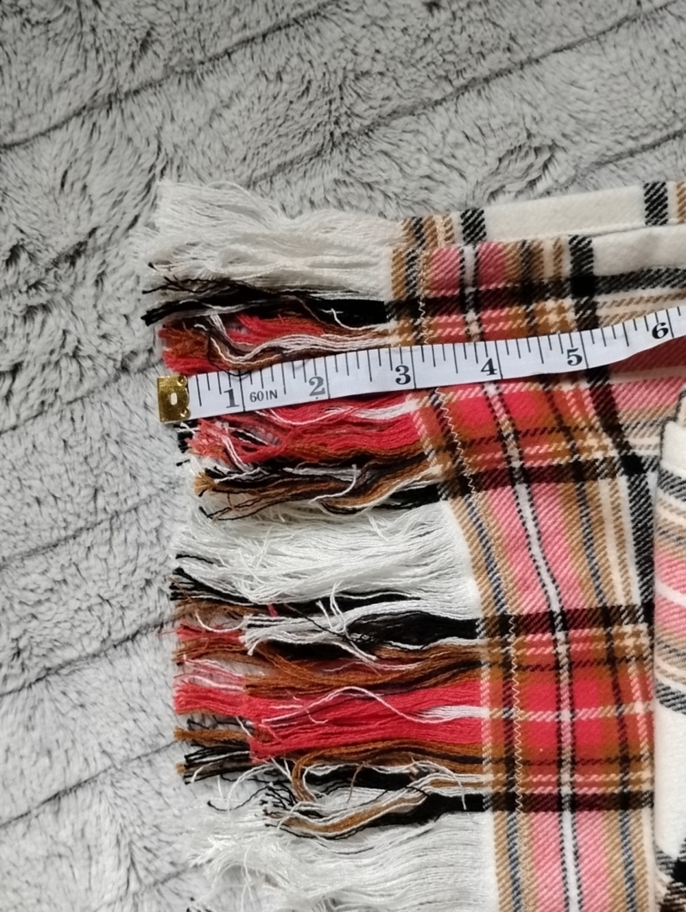 Fall Plaid Fringe Scarf - White, Red, Tan And Pink Tones - Picture 3 of 4
